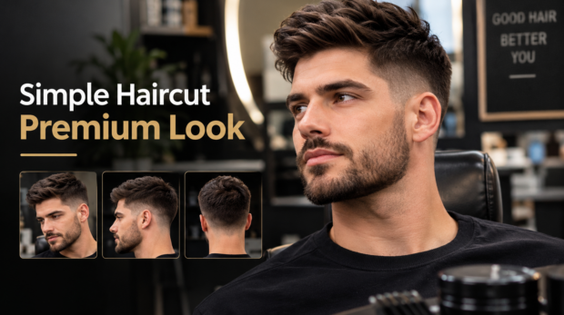 Simple men's haircut with a premium look, featuring a textured hairstyle, clean fade, and professional barber styling tips